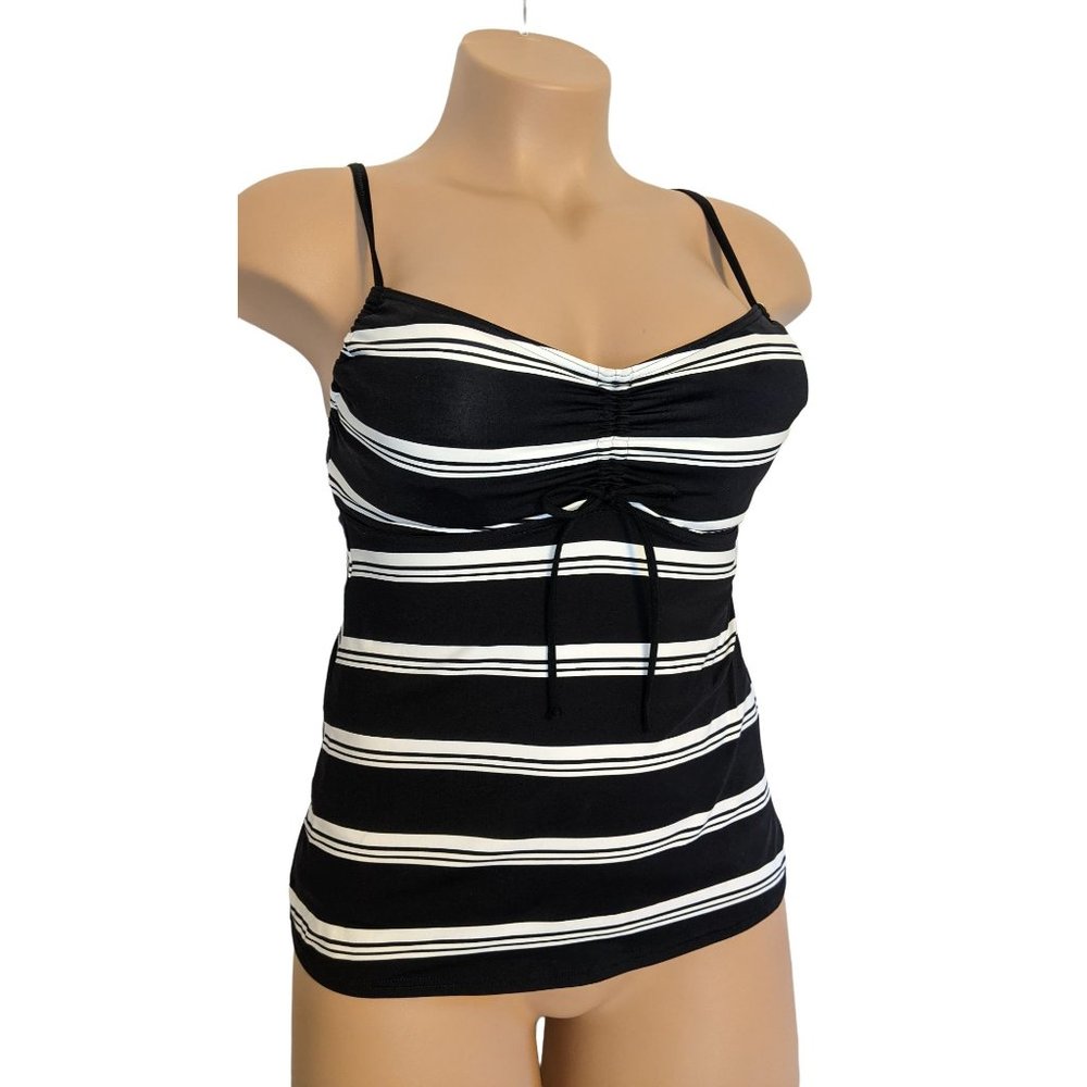 Lands End Sz 10 Women's Tankini Swimsuit Top Black Striped Under-wire Bra